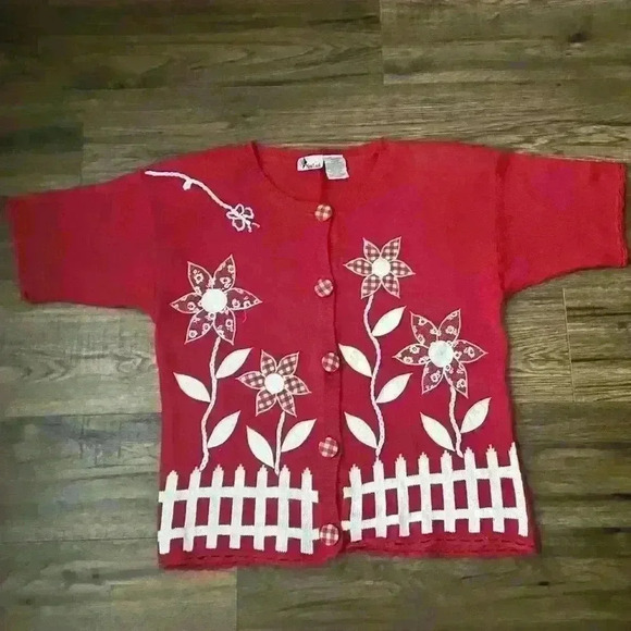 Red White Vintage Embroidered Gingham Cardigan Sweater Cottagecore Floral - Picture 1 of 6